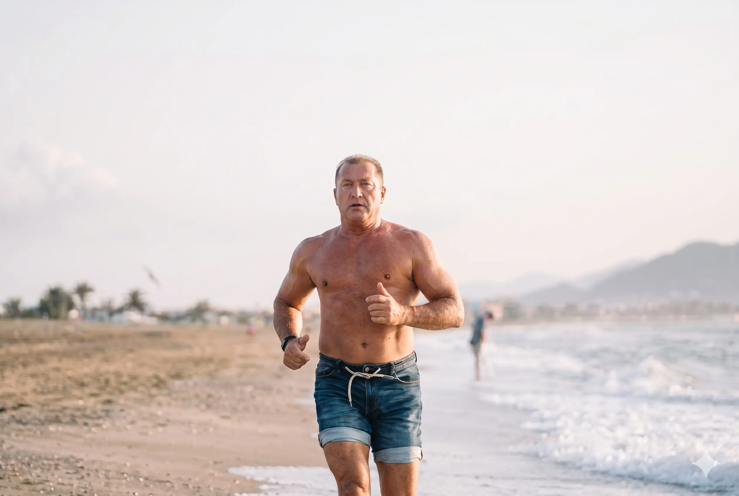 un hombre mayor corriendo en la playa